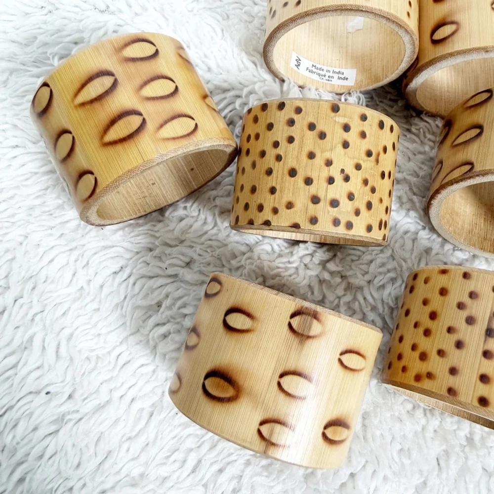 Rustic Tortoise Bamboo Style Napkin Rings - Dotted Natural Wood Tropical Table